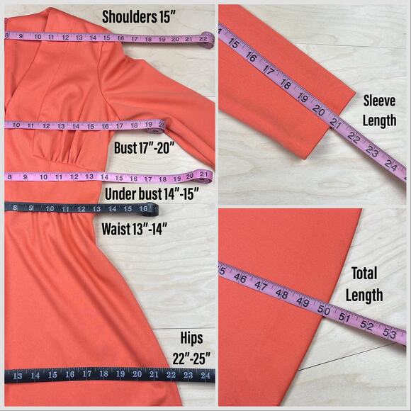 Vintage 1970s Tangerine Orange Long Sleeve Empire Waist Maxi Dress - Picture 7 of 8